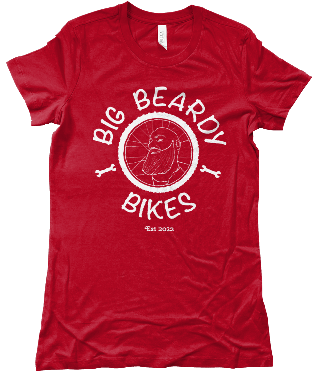 Big beardy bicycle mechanic Bella The Favourite T-Shirt red - white Logo