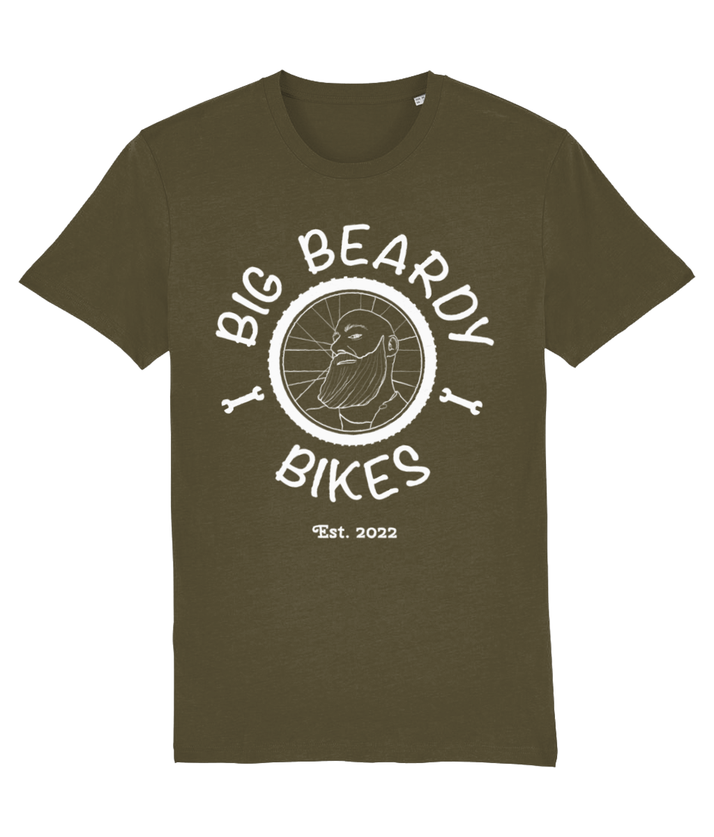 Big beardy bikes tee shirt khaki white logo