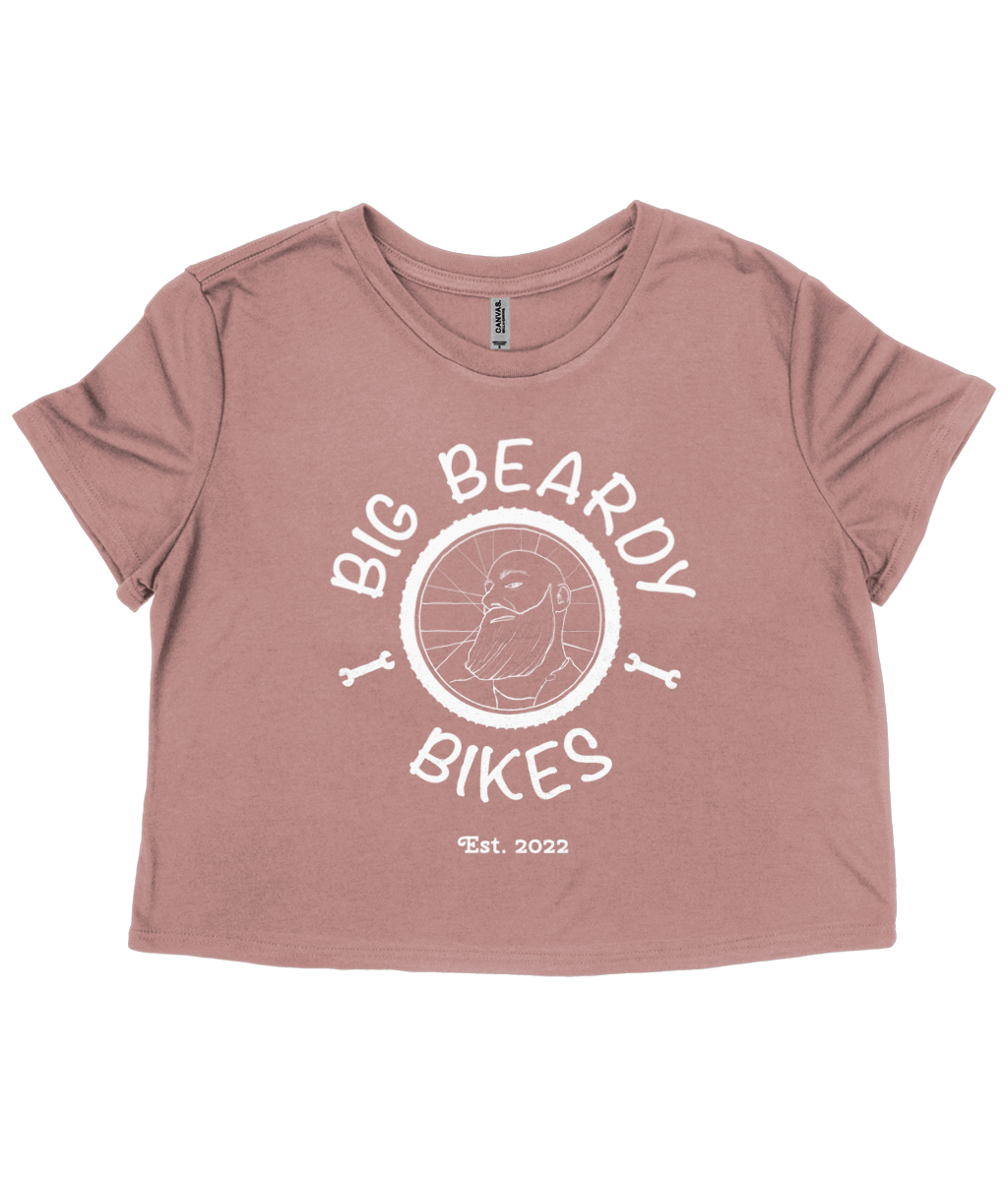 Big beardy bicycle mechanic Bella Ladies Flowy Cropped T-Shirt mauve - white Logo