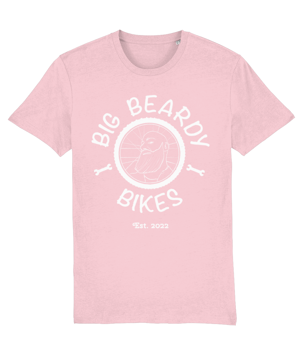 Big beardy bikes tee shirt cotton pink white logo